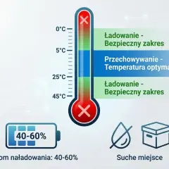 Termometr pokazuje optymalną temperaturę do przechowywania baterii, która wynosi 5-25°C. Poziom naładowania baterii to 40-60%.