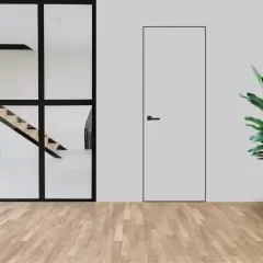 Minimalistyczne wnętrze z widocznymi schodami za szklaną ścianą i dyskretnymi drzwiami ukrytymi w ścianie. Obok stoi duża roślina w białej donicy.