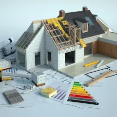Model domu w budowie, plany, miarka, kalkulator i wykresy energetyczne.