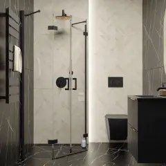 Nowoczesna łazienka z czarną armaturą, złotym prysznicem i elegancką wentylacją.
