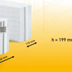Białe bloczki Ytong z widocznymi wymiarami: 240 mm, 115 mm i h = 199 mm.
