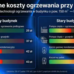 Porównanie dziennych kosztów ogrzewania przy -10°C dla budynku 150 m². Ogrzewanie podłogowe z pompą ciepła najtańsze.