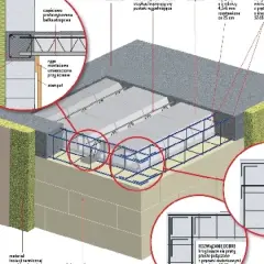 Przekrój wieńca stropowego z widocznym zbrojeniem i elementami konstrukcyjnymi.