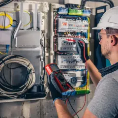 Elektryk sprawdza instalację elektryczną, dbając o kompensację mocy biernej. W rękach trzyma multimetr, a przed nim panel z bezpiecznikami.