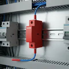 Czerwony moduł VIOX, chroniący przed łukiem elektrycznym, zamontowany w szafie sterowniczej obok wyłączników.
