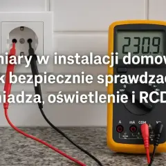 Multimetr pokazuje 230.9V, mierząc napięcie w gniazdku. Sprawdzanie instalacji domowej.