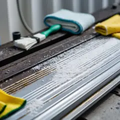 Biały proszek i akcesoria do czyszczenia, w tym szczotka i ściereczki, sugerują, czym wyczyścić aluminium.