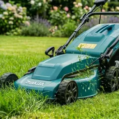 Zielona kosiarka elektryczna Makita tnie trawę na zadbanym trawniku. To jedne z najlepszych kosiarek elektrycznych na rynku.