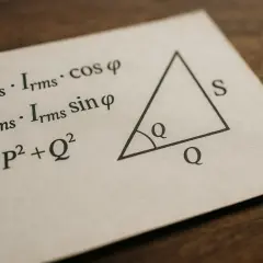 Formuły elektryczne: P=Vrms⋅Irms⋅cosφ, Q=Vrms⋅Irms⋅sinφ, S²=P²+Q². Trójkąt prostokątny z oznaczeniami P, Q, S. Moc pozorna S.