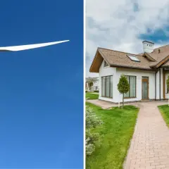 Przydomowe elektrownie wiatrowe zapewniają czystą energię dla nowoczesnego domu z pięknym ogrodem.