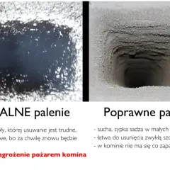 Zdj. porównuje komin po "fatalnym paleniu" (smoła, groźne dla zduna) i "poprawnym paleniu" (suchy pył, łatwy do czyszczenia).