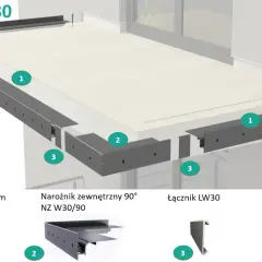 System profili do obróbki czoła balkonu Renoplast W30: profile, narożniki, łączniki i odbojniki.