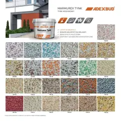 Wydajność tynku mozaikowego 25 kg na ok. 3-4 m². Wzornik kolorów Marmurex Tynk Adexbud.