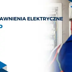 Elektryk w białym kasku sprawdza instalację elektryczną. Tekst: "Uprawnienia elektryczne SEP".