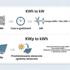 Wyjaśnienie zależności między kWh a kW. Energia (kWh) = Moc (kW) × Czas (h). Produkcja energii z paneli (kWh) zależy od mocy panelu (kWp) i godzin słonecznych.