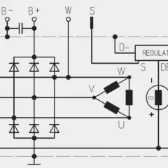 Schemat elektryczny alternatora Bosch z diodami, regulatorem i uzwojeniem trójkątnym.