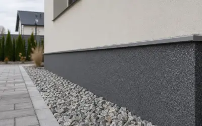 Ciemny, kamienny cokół wokół domu, otoczony żwirem, to świetny pomysł na wykończenie.