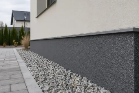 Ciemny, kamienny cokół wokół domu, otoczony żwirem, to świetny pomysł na wykończenie.