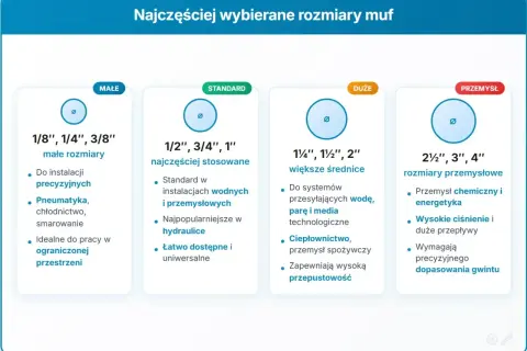 Tabela porównuje rozmiary muf: małe (1/8-3/8 cala) do precyzyjnych instalacji, standardowe (1/2-1 cala) do hydrauliki, duże (1 1/4-2 cala) do systemów wodnych i parowych, oraz przemysłowe (2 1/2-4 cala) do chemii i energetyki.