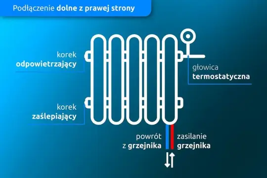 Schemat podłączenia grzejnika od dołu z prawej strony. Widoczny korek odpowietrzający, zaślepiający, głowica termostatyczna, zasilanie i powrót.