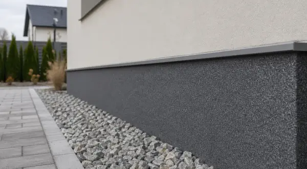 Ciemny, kamienny cokół wokół domu, otoczony żwirem, to świetny pomysł na wykończenie.