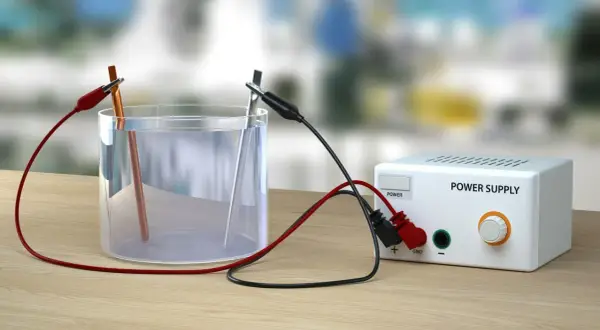Eksperyment z elektrolizą wody: dwa elektrody zanurzone w wodzie, podłączone do zasilacza.
