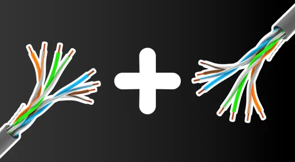 Dwa rozplatane kable sieciowe, jeden z kolorami wg standardu RJ45 A, drugi wg B, połączone białym znakiem plus.