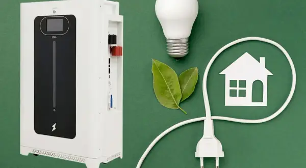 Biały magazyn energii bez fotowoltaiki, żarówka, liście i symbol domu z wtyczką.