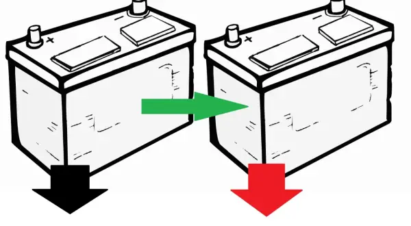 Dwa akumulatory, jeden z czarną strzałką w dół, drugi z czerwoną. Zielona strzałka wskazuje na drugi akumulator, sugerując różnicę w tym, ile wytrzymuje akumulator.