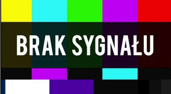 Kolorowe pasy testowe telewizora z napisem "BRAK SYGNAŁU".