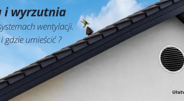 Czerpnia powietrza na ścianie domu, pod dachówką. Ptak siedzi na kominku wentylacyjnym.