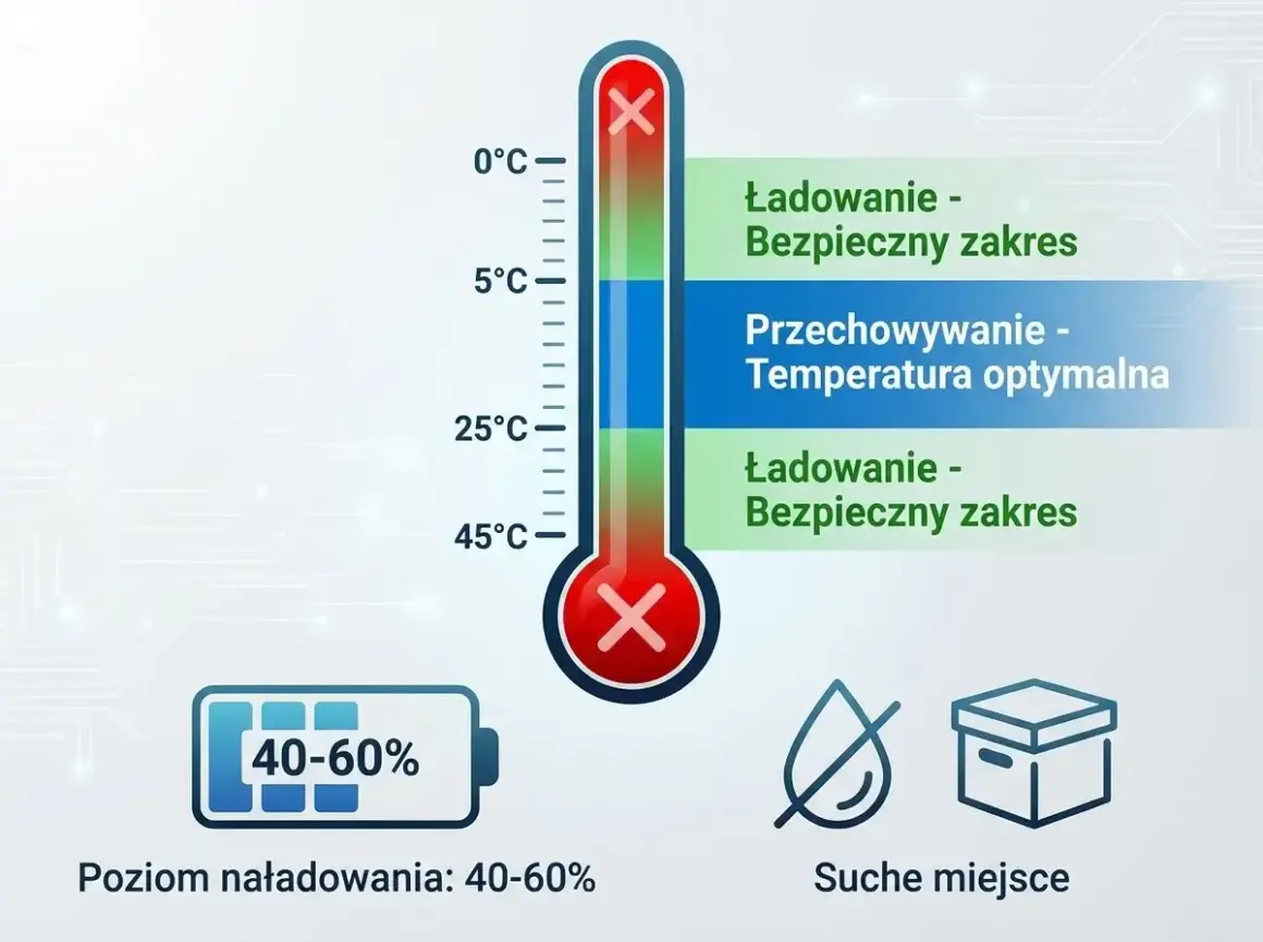 Termometr pokazuje optymalną temperaturę do przechowywania baterii, która wynosi 5-25°C. Poziom naładowania baterii to 40-60%.
