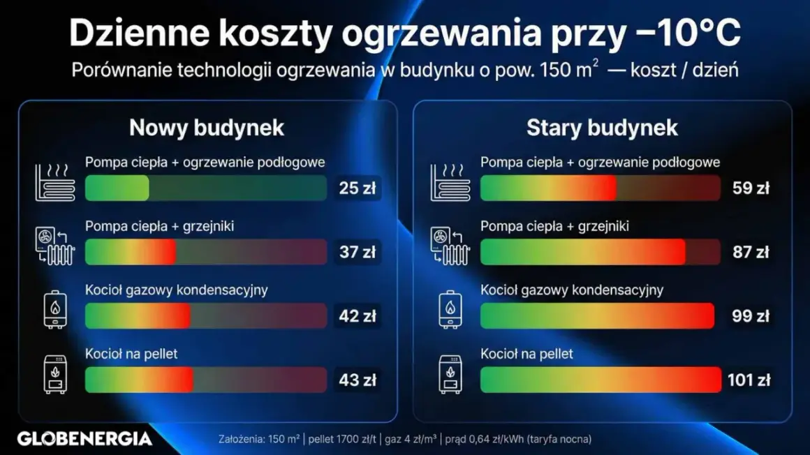 Porównanie dziennych kosztów ogrzewania przy -10°C dla budynku 150 m². Ogrzewanie podłogowe z pompą ciepła najtańsze.