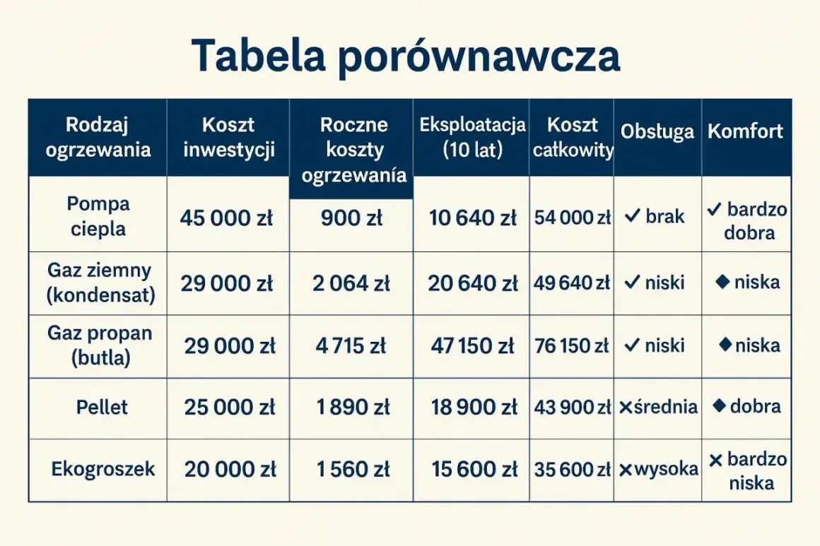 Tabela porównawcza: jakie ogrzewanie do domu? Koszty inwestycji, roczne, eksploatacji i całkowite dla pomp ciepła, gazu, pelletu i ekogroszku.