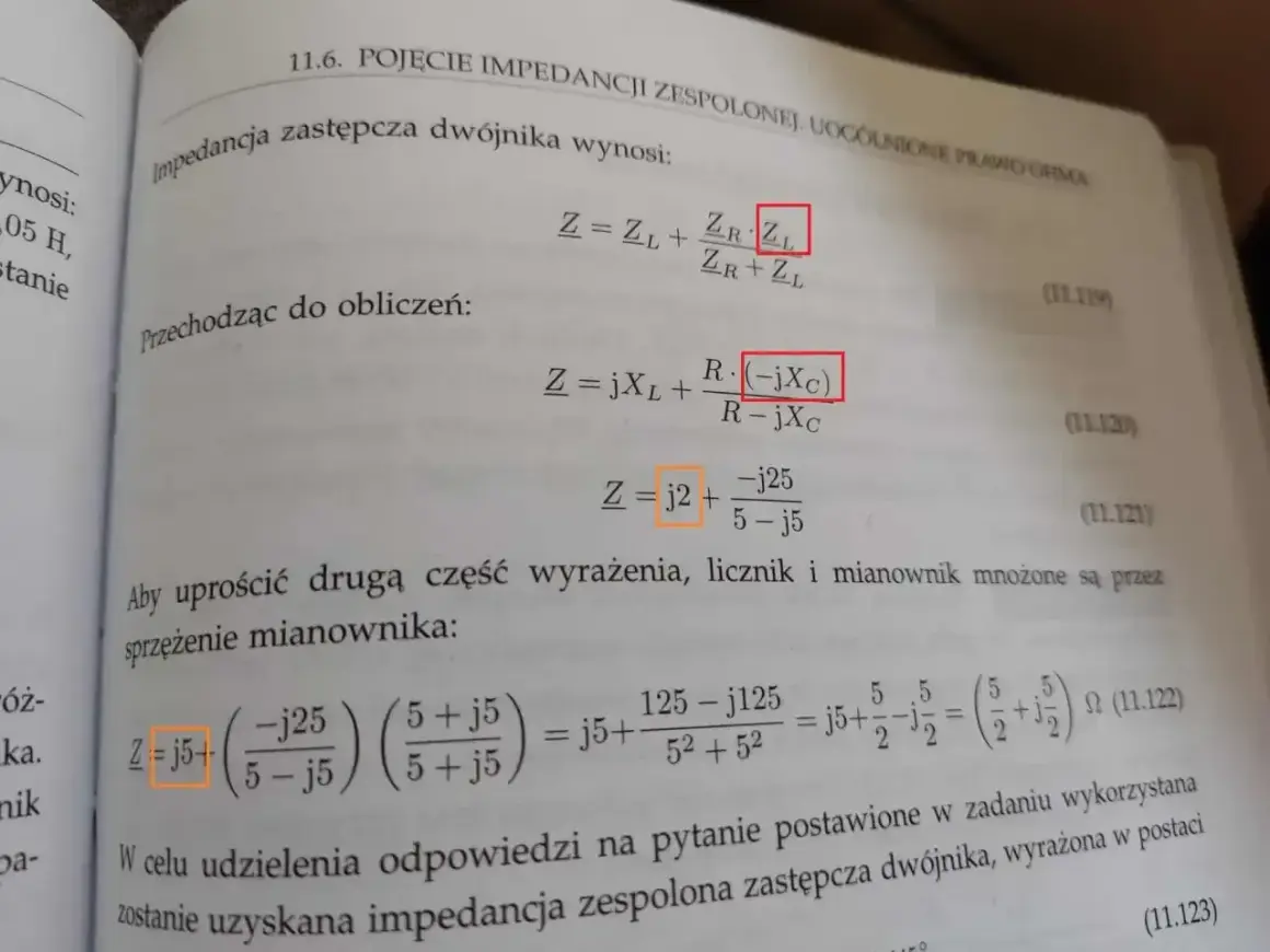 Obliczenia impedancji zespolonej dwójnika, pokazujące przekształcenia wzorów i upraszczanie wyrażeń.