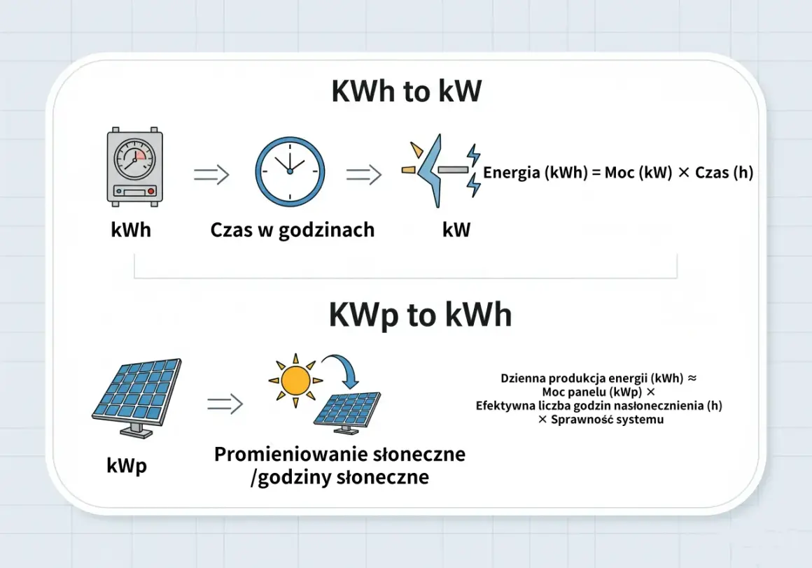 Wyjaśnienie zależności między kWh a kW. Energia (kWh) = Moc (kW) × Czas (h). Produkcja energii z paneli (kWh) zależy od mocy panelu (kWp) i godzin słonecznych.