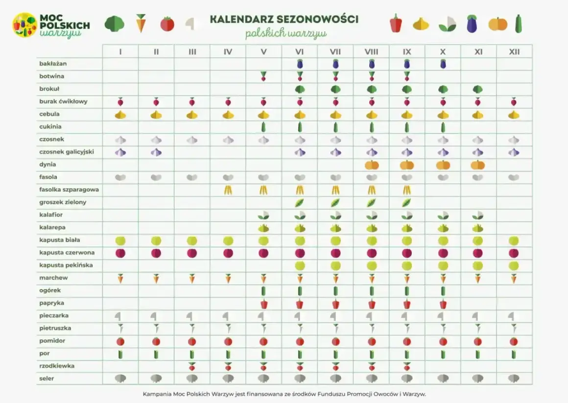 Kalendarz kiedy siać warzywa: od bakłażana po selera, z ikonami wskazującymi najlepsze miesiące do sadzenia.