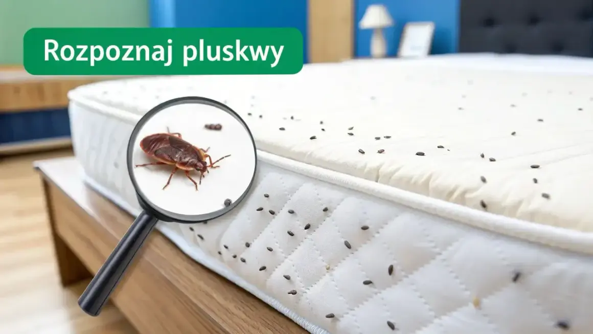 Powiększenie ukazuje pluskwę na materacu, gdzie widać liczne odchody pluskiew, tworzące swoiste gniazdo.