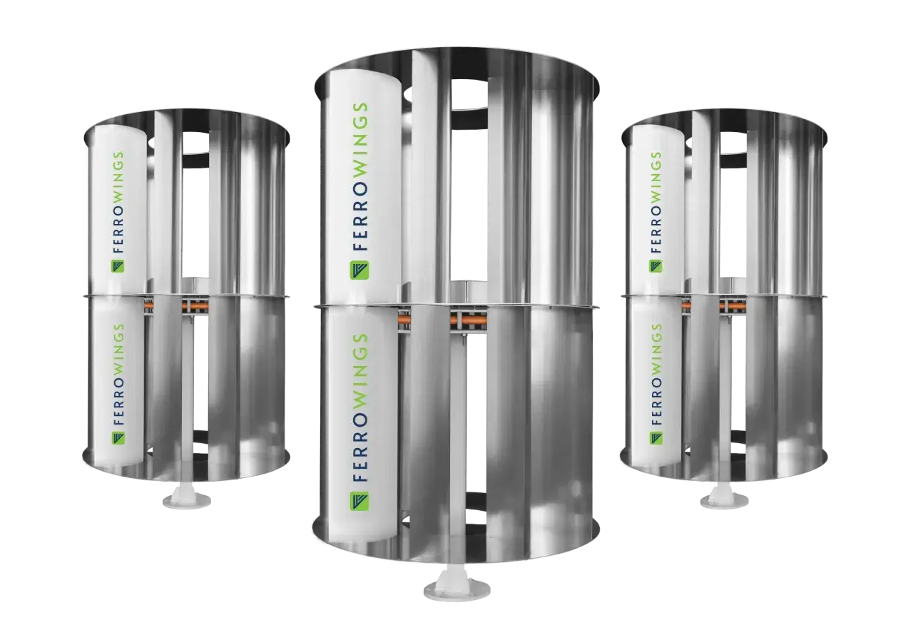Nowoczesne, pionowe przydomowe elektrownie wiatrowe FerroWINGS, gotowe do produkcji czystej energii.