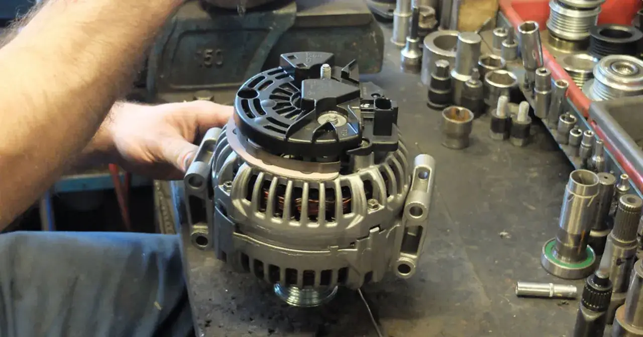 Warsztat samochodowy, gdzie mechanik sprawdza alternator. Zastanawiasz się, ile kosztuje regeneracja alternatora?