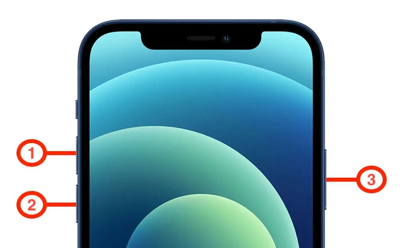 Instrukcja krok po kroku: twardy reset iPhone. Naciśnij i szybko puść przycisk głośności w górę (1), następnie przycisk głośności w dół (2), a na koniec przytrzymaj przycisk boczny (3).