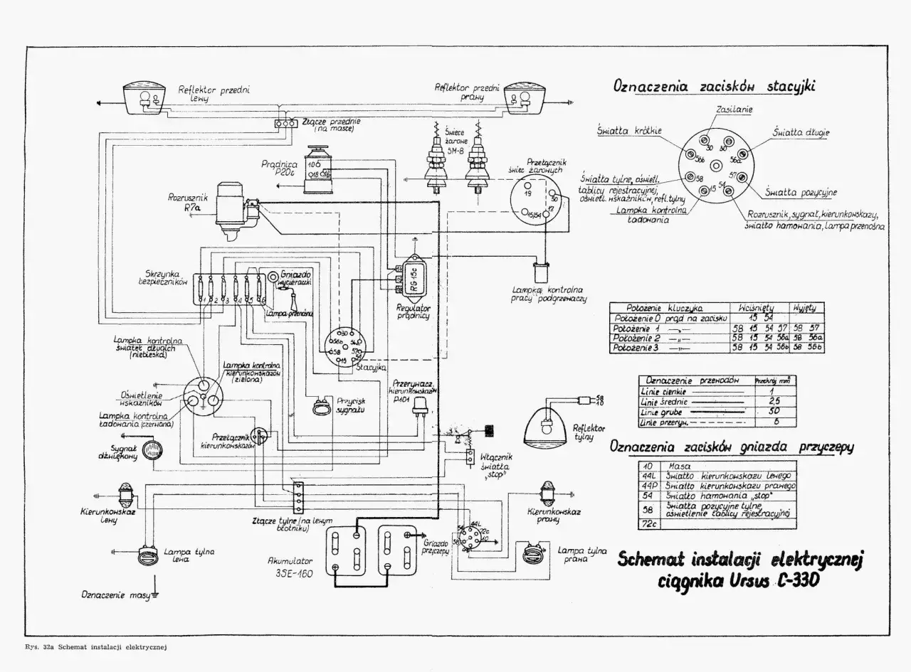 Schemat instalacji elektrycznej Ursus C-330: przełącznik świec żarowych C 330 jak podłączyć, zasilanie, światła, rozrusznik.