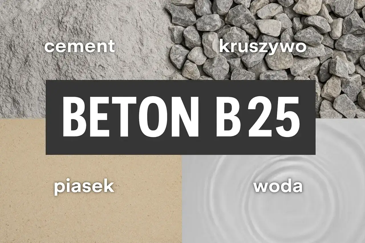 Składniki betonu B25: cement, kruszywo, piasek, woda. Kluczowe proporcje dla trwałości.