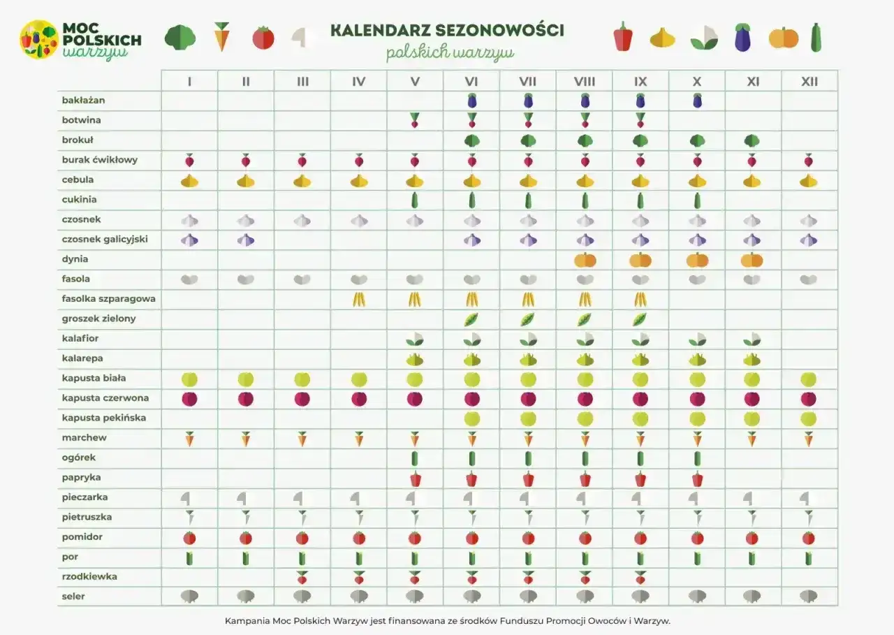 Kalendarz sezonowości polskich warzyw: kiedy siać warzywa, od bakłażana po selera, z ikonami wskazującymi najlepsze miesiące.