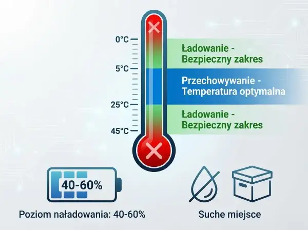 Termometr pokazuje optymalną temperaturę do przechowywania baterii, która wynosi 5-25°C. Poziom naładowania baterii to 40-60%.
