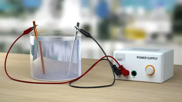 Eksperyment z elektrolizą wody: dwa elektrody zanurzone w wodzie, podłączone do zasilacza.