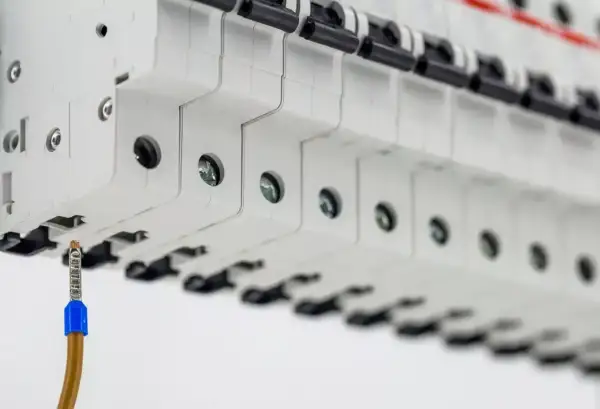 Szczegółowy widok bezpieczników w rozdzielnicy. Zbliżenie na przewód uziemiający. Określenie koszt instalacji elektrycznej.