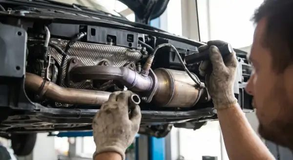 Mechanik sprawdza katalizator Skody, podejrzewając błąd DTC P0420.