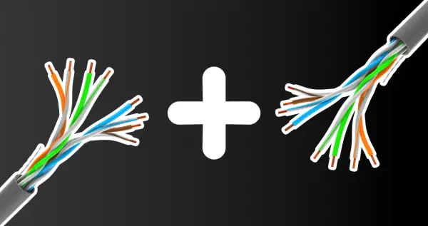 Dwa rozplatane kable sieciowe, jeden z kolorami wg standardu RJ45 A, drugi wg B, połączone białym znakiem plus.