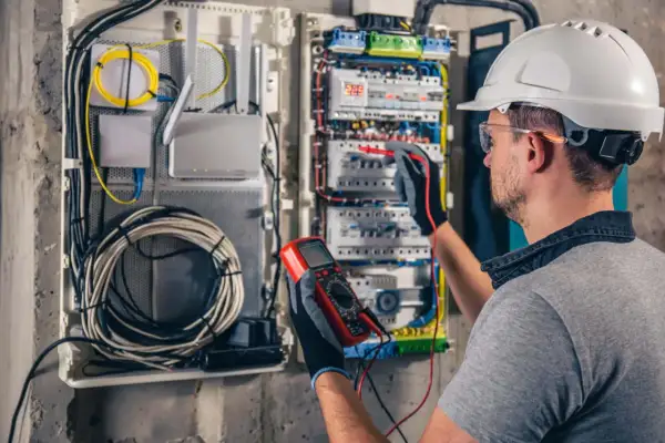 Elektryk sprawdza instalację elektryczną, dbając o kompensację mocy biernej. W rękach trzyma multimetr, a przed nim panel z bezpiecznikami.